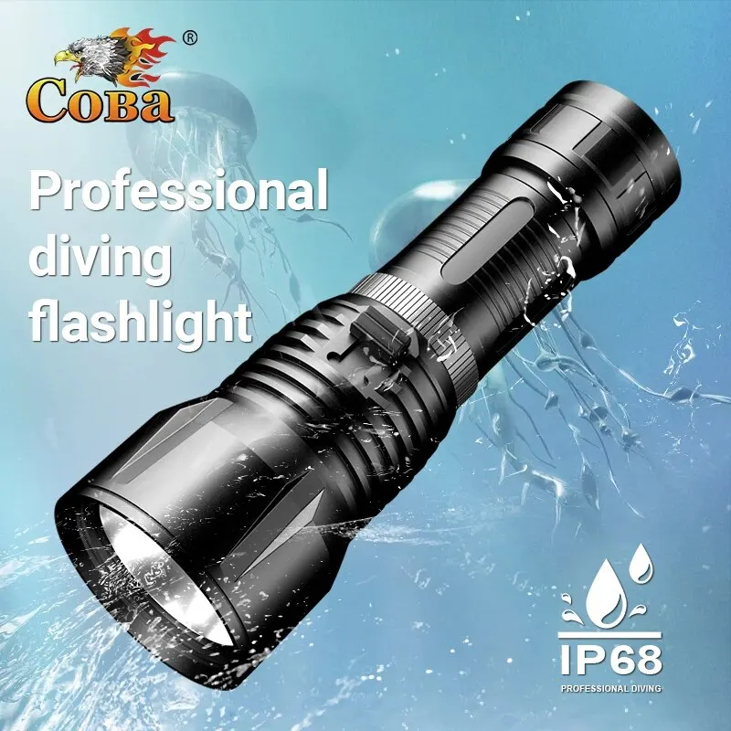 COBA-linterna LED portátil de alta potencia para buceo, lámpara recargable con batería 26650, IP68, luces para exteriores, luz de búsqueda