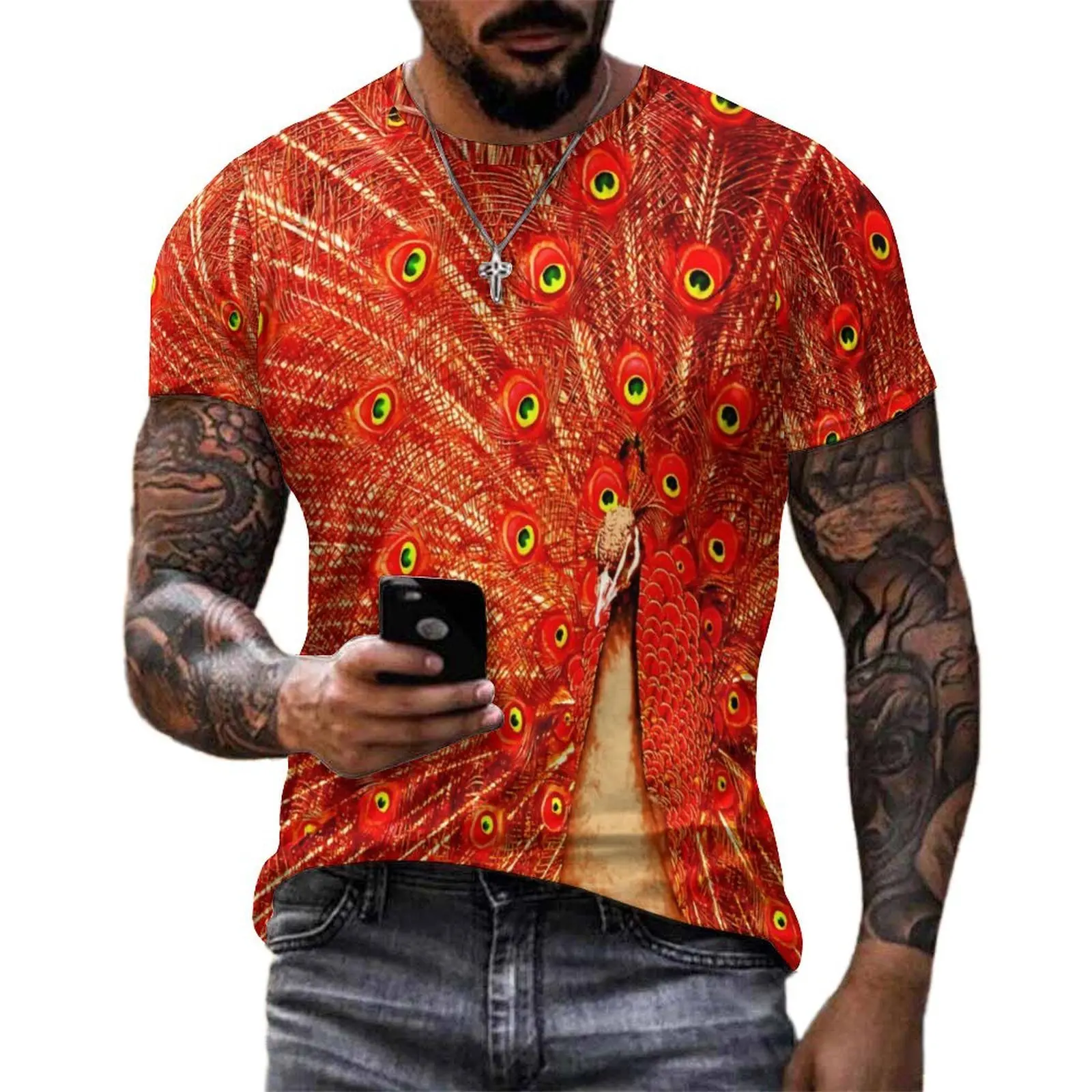 Red Peacock Feathers T-Shirt For Men Cute Animal Printed O Neck T Shirts Premium Cool Tops Short-Sleeve Basic Big Size Tee Shirt