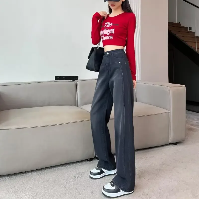 Jeans Women Washed Distressed Straight Wide-leg High Waist American Retro Simple High-end Floor-length Trousers OL Casual Trendy