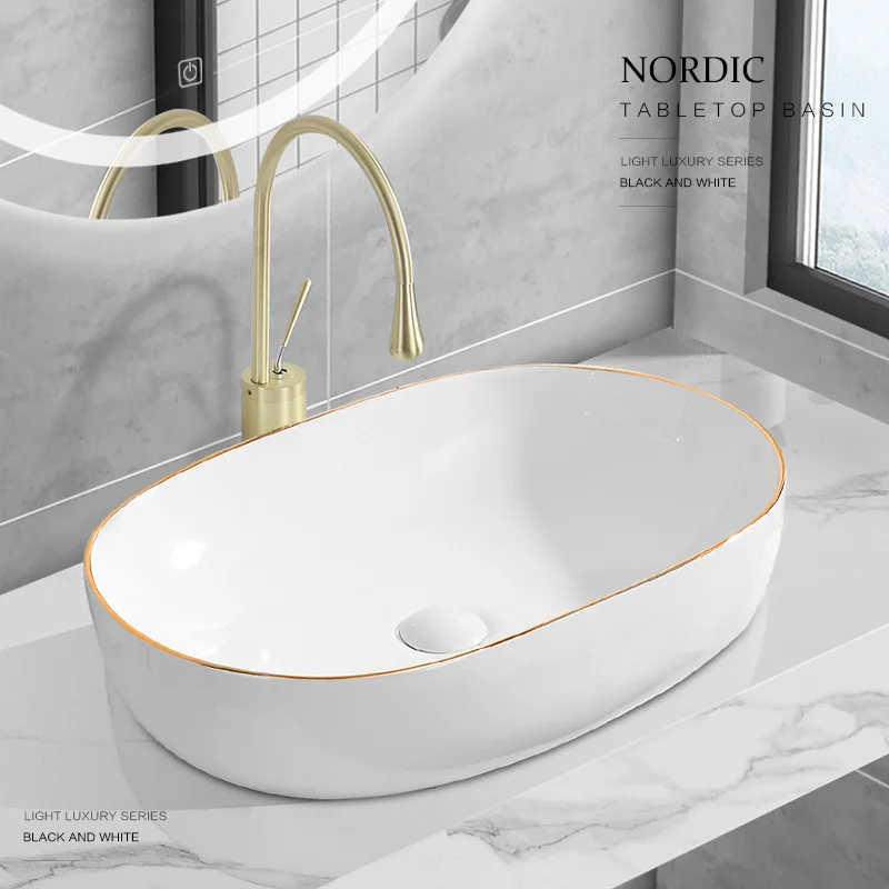 Table Basin round Wash Basin Whole Washbin Nordic Light Luxury Ceramic Washbasin Golden Edge Art Basin Small Size Single Basin