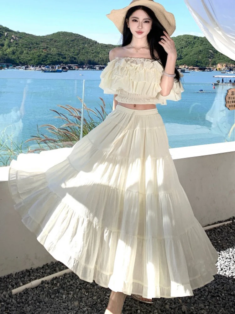 Summer Party Elegant Women Holiday Beach Skirt Suit Sexy Slash Neck Ruffles Crop Tops And High Waist Long Skirts Two Piece Sets