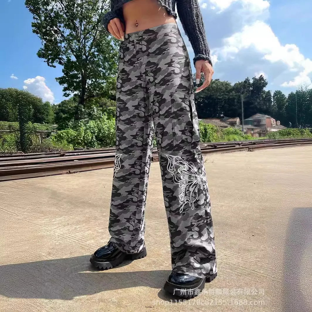 Digital Positioning Printed Butterfly Bent Down Straight and Low Waist Casual Pants