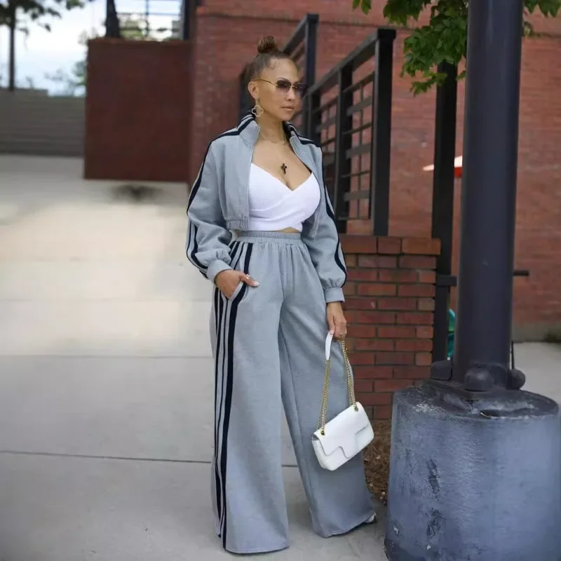 Side Striped Thick Warm 2 Piece Set Women Fashion Zip-up Long Sleeve Crop Jackets Top + Wide Leg Pants Casual Streetwear Suits