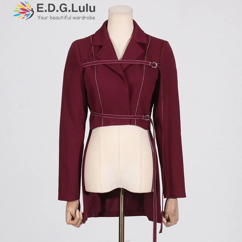 EDGLuLu Women 2 Piece Set Outfit Turn-Down Collar Long Sleeved Irregular Top Jacket+High Waist  Wide Leg Pants Red Suit 1122