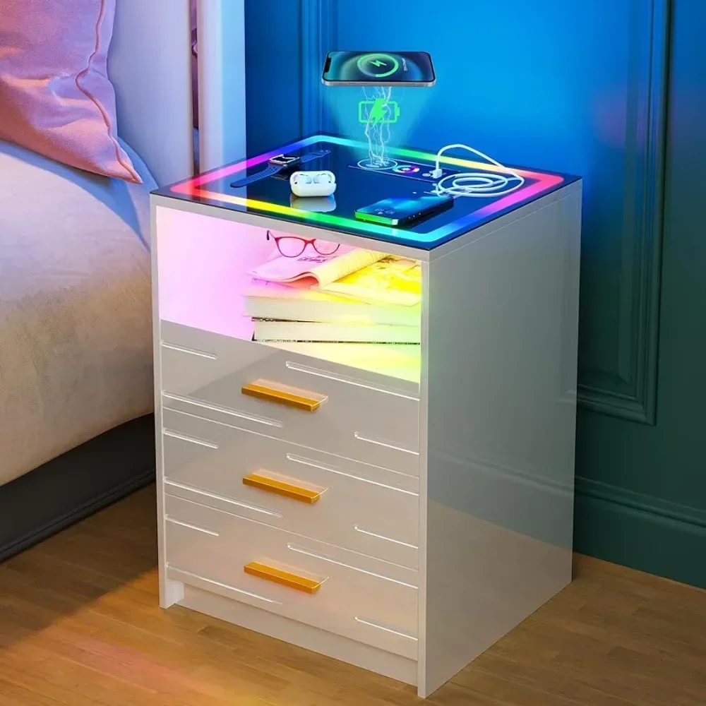 

RGB Touch Screen Bedside Table With USB&Type-C Ports and 3 Drawer(High Gloss White) Beds and Furniture Nightstand Night Stands