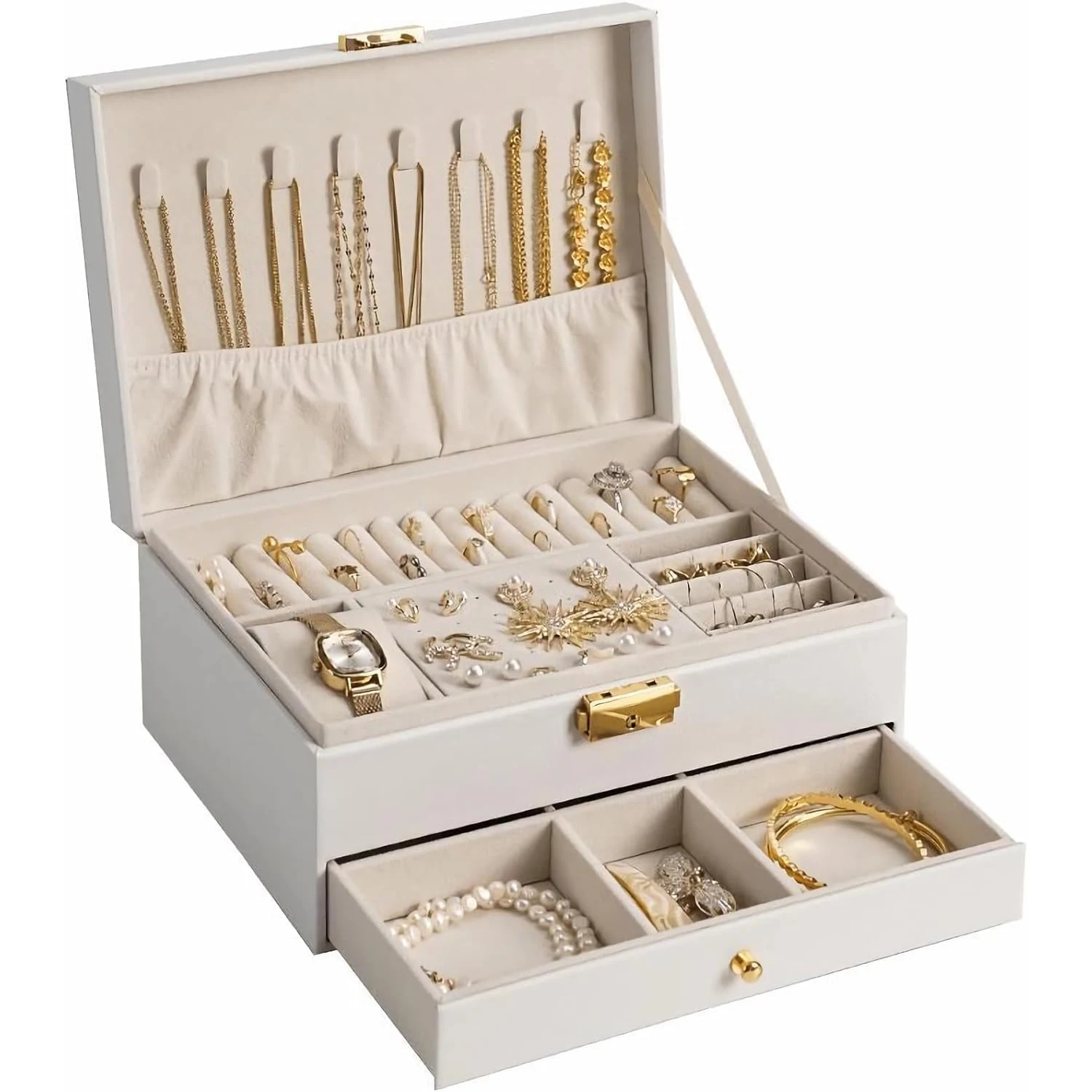 Women's Jewelry Storage Box Large Leather Jewelry Storage Box with Two Layers Display Earrings, Bracelets, Rings, Watches