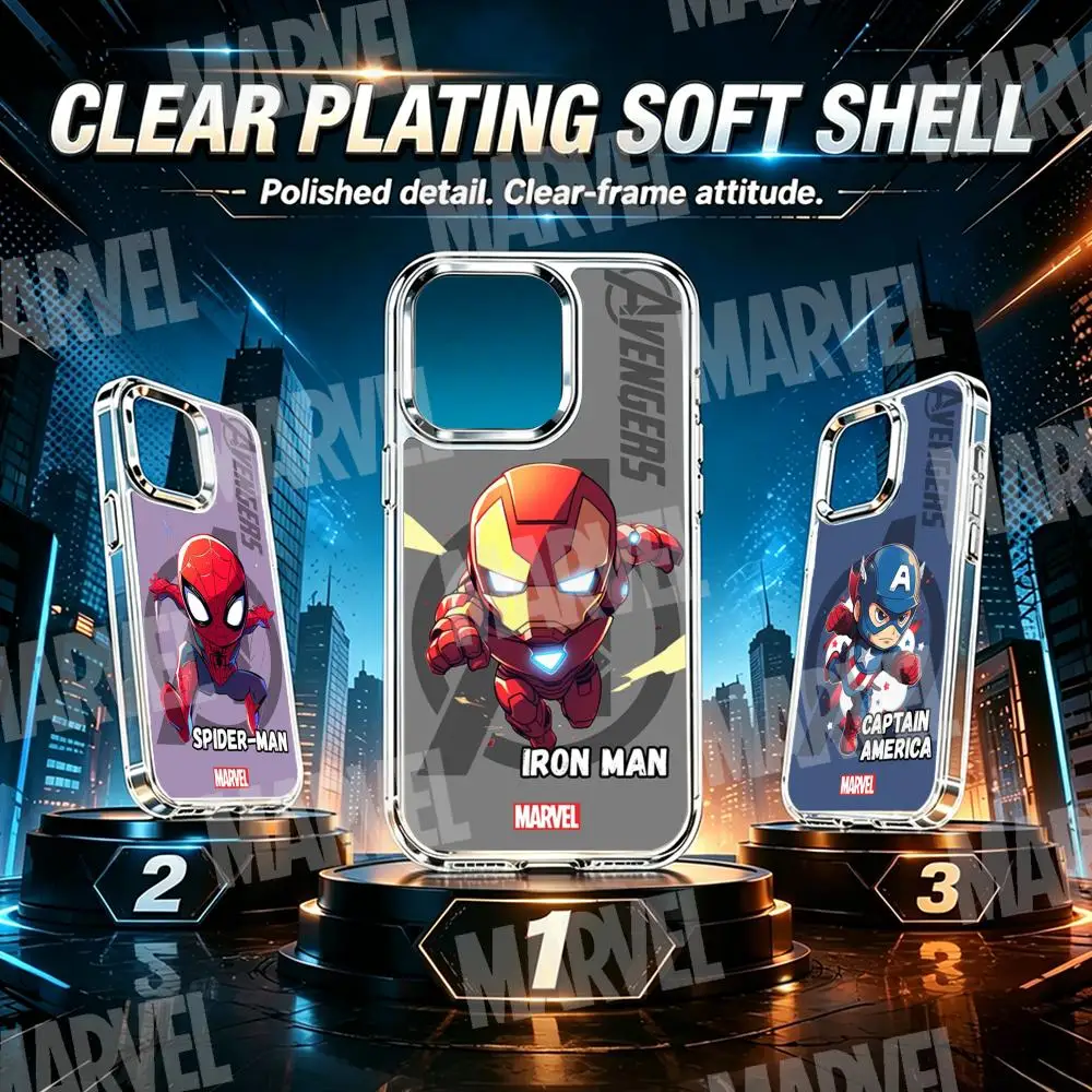 

cartoon the avengers Phone Case MARVEL For iPhone 17 air 16 15 14 13 12 11 Pro Max Plus Chrome Button Camera Ring Transparent