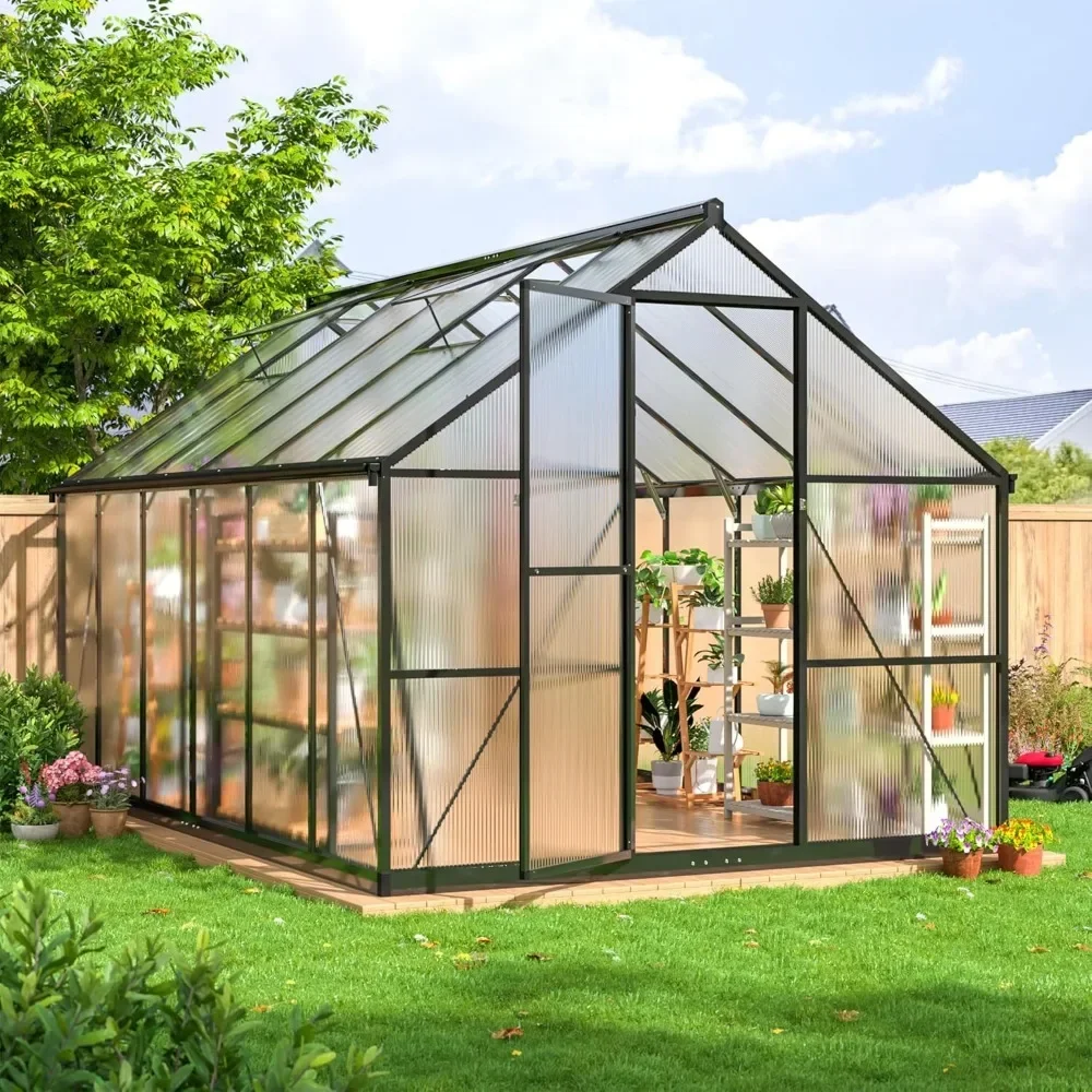 12x8 FT Greenhouse for Outdoors, Quick Setup Polycarbonate Greenhouse with Roof Vent, Aluminum Large Walk-in Greenhouse