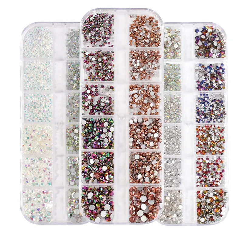 High Quality 12 Grid Set Mixed Color Flat Glass Crystal Rhinestone DIY Nail Art Mobile Phone Case Accessories