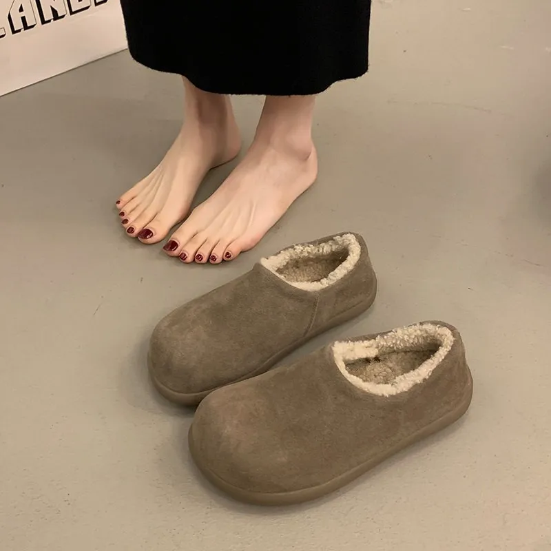 

Warm Fce Lined Winter Women's Boot Ken oes Thi Bot Slip-On Fur oes Korean Sle Casual round Toe Flat Heel
