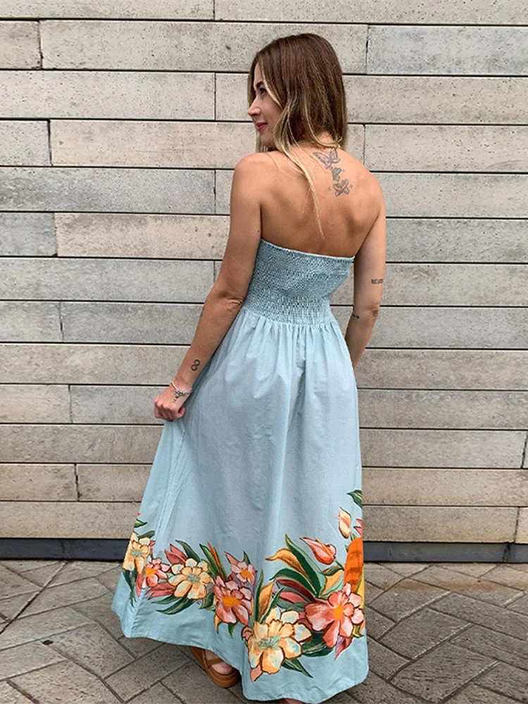 Sukienka damska bez ramiączek, drukowana, plisowana, puszysta, z szerokim dołem, podkreślona w talii, wyszczuplająca, długa sukienka plażowa, jedwabna satyna, szaty.