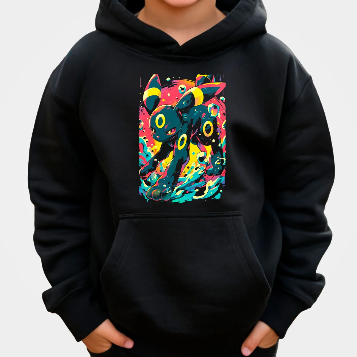 Pokemon Anime Gengar Sudadera con capucha de algodón negro con efecto de salpicaduras rosa azul verde patrón brillante multicolor ajuste suelto Otoño Invierno