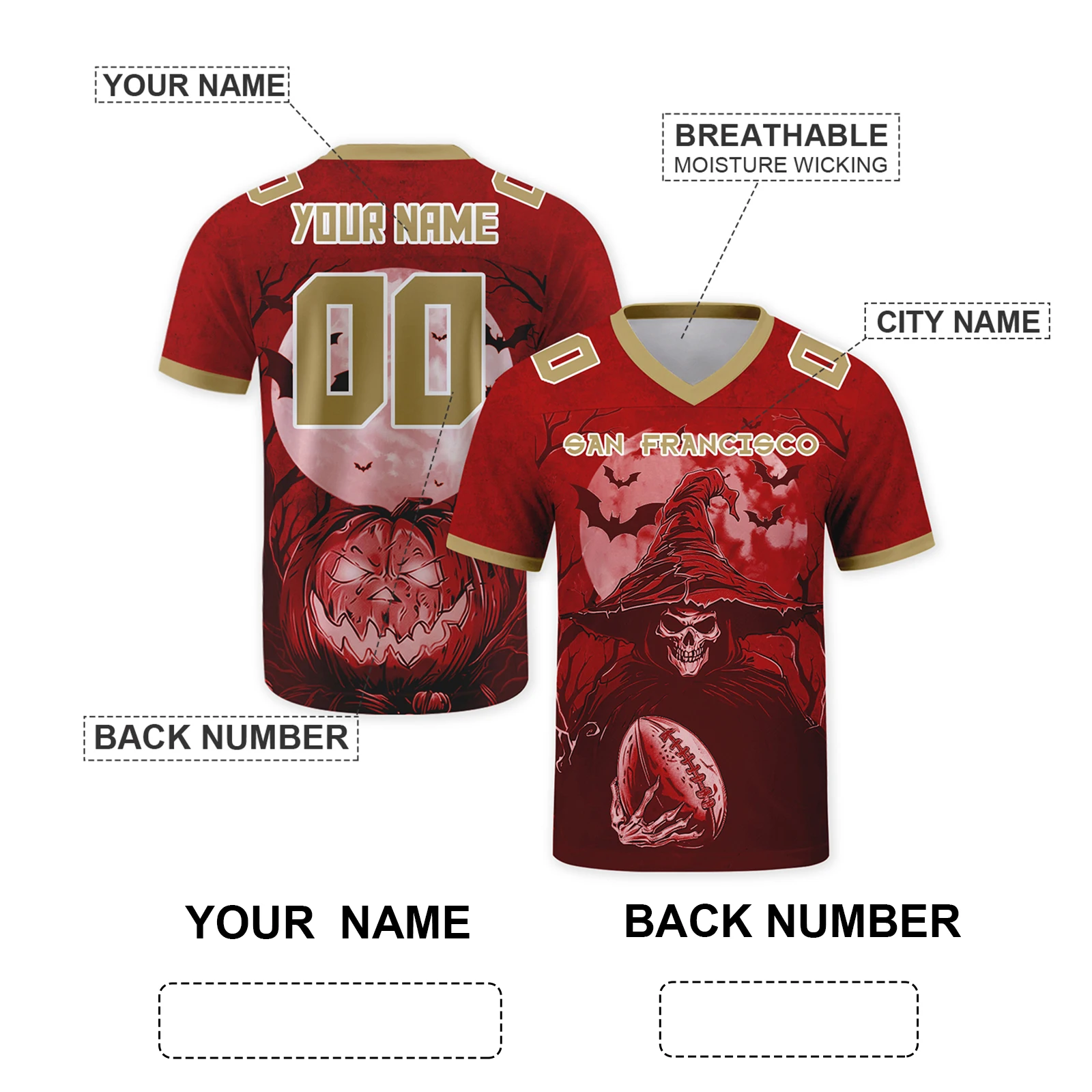Custom San Francisco City American Football Jersey Personalized Halloween Skull Football Shirts Add Name & Number for Team Fans
