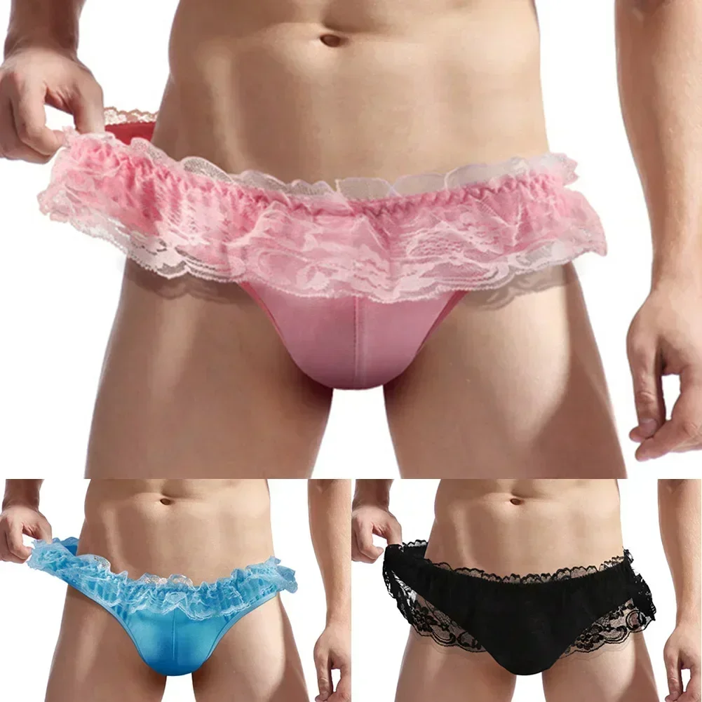 Men Erotic Panties Sheer Lace Border Briefs Sissy Underwear Sexy Bulge Pouch Underpants Lingerie Thong Size