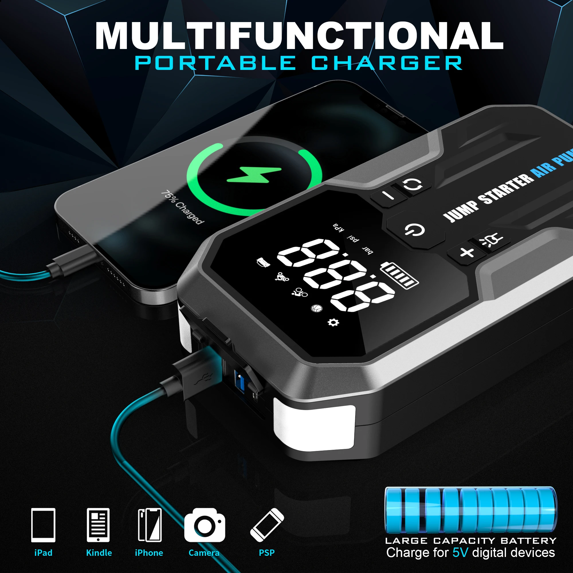 Portable 20000mAh Super Capacitor 12V 2000A Jump Starter Power Bank With Air Pump Compressor Battery Booster For Diverse Vehicle