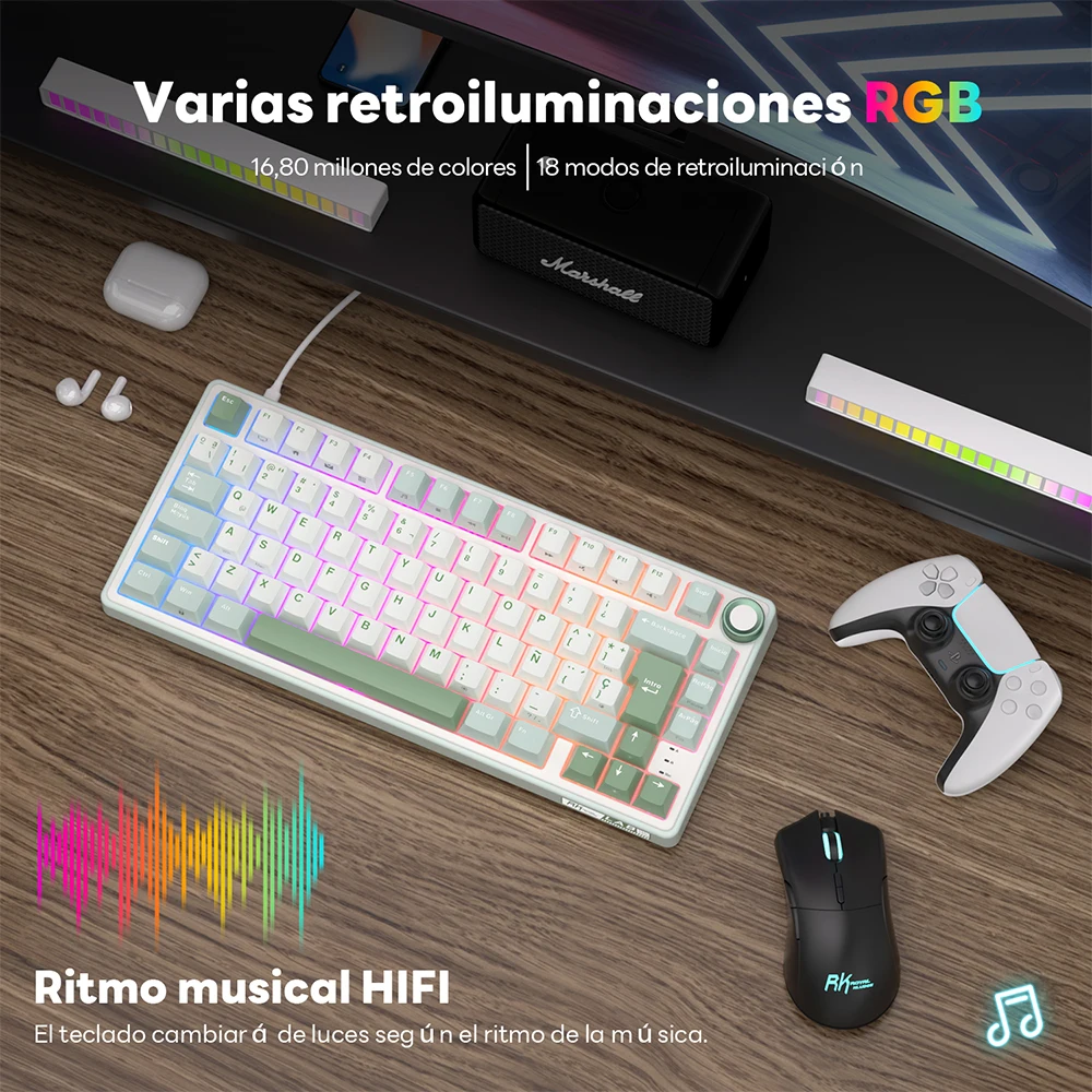 Teclado mecánico con cable RK R75 Royal Kludge, 80 teclas, 80% junta, retroiluminado RGB, teclado para juegos intercambiable en caliente con teclas