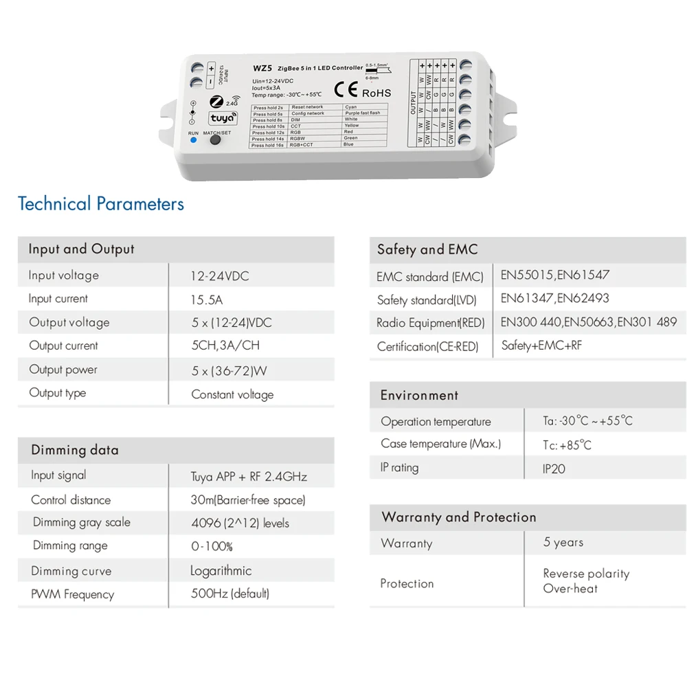 Imagem -04 - Controlador Tuya Zigbee 3.0 Led Dimmer 5in Cct Rgbw Rgb Mais Cct Faixa Rgbcw 12v 24v 2.4g Remoto fr Alexa Google Home Vida Inteligente App