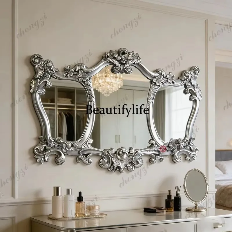 HR French retro three-sided bathroom mirror toilet wall hanging engraved makeup European fireplace decorative mirror