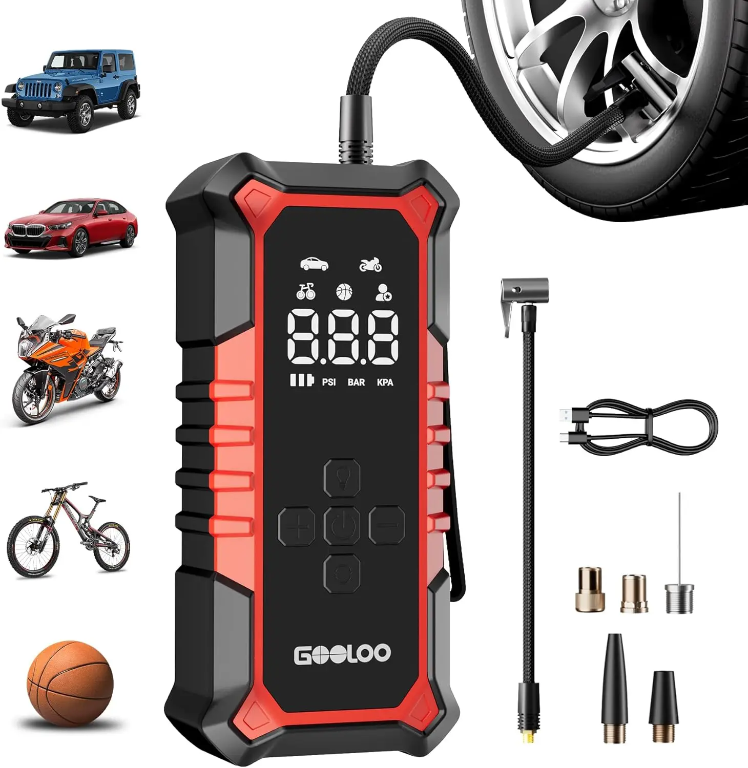 

A6 Gear Portable Tire Inflator, 160 PSI Cordless Air Pump with Digital Gauge & LED Light for Car, Bike, Motorcycle, Balls