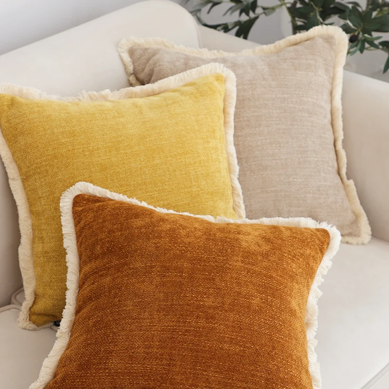Cream Color Pillows Modern Chenille Tassel Cushion Case Texture Decorative Pillow Cover For Sofa Chair Home Decorations