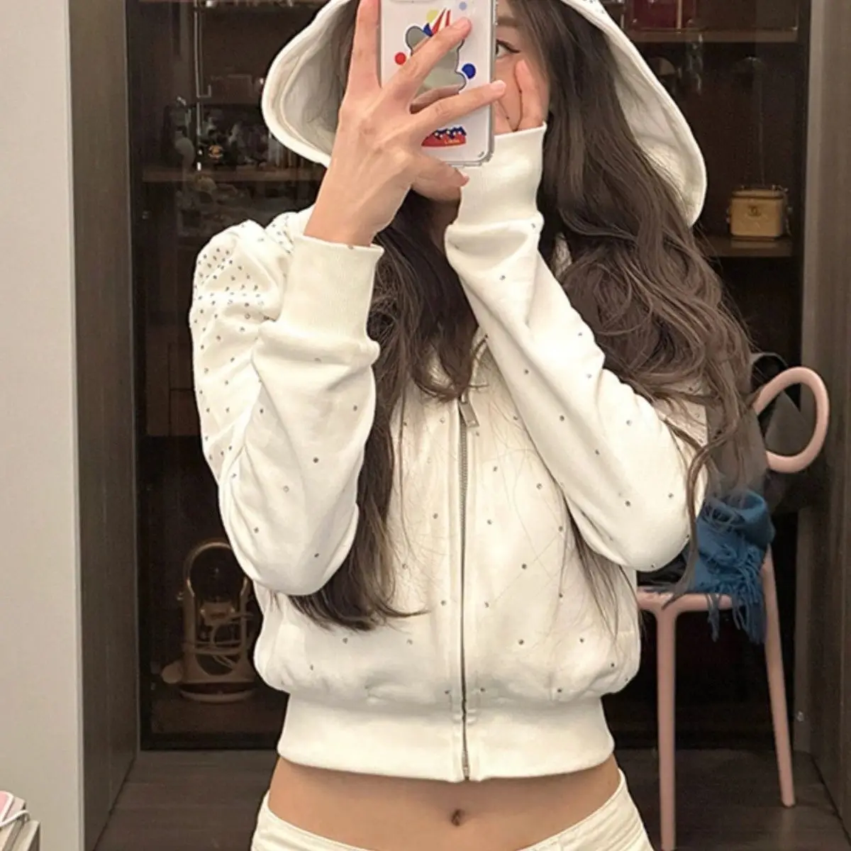 Hot Girl Zip Up Hoodie White Rhinestone Short Long Sleeves Hoody Harajuku Casual Kpop Punk Sweatshirt Top Women Y2k Hoodies Coat