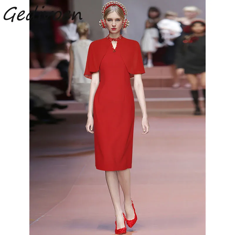 

Gedivoen Summer Fashion Runway Vintage Buttock Covering Dress Women O-Neck Hollow Nail Bead Diamond Cloak High Waist Midi Dress