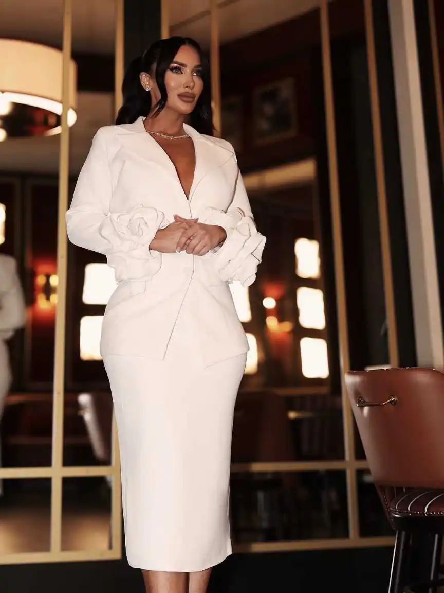 เดี่ยวผู้หญิงชุดดอกไม้ Ruffles ธุรกิจสุภาพสตรีกระโปรงชุดชุด 2 ชิ้นที่กําหนดเอง Party Prom ชุด