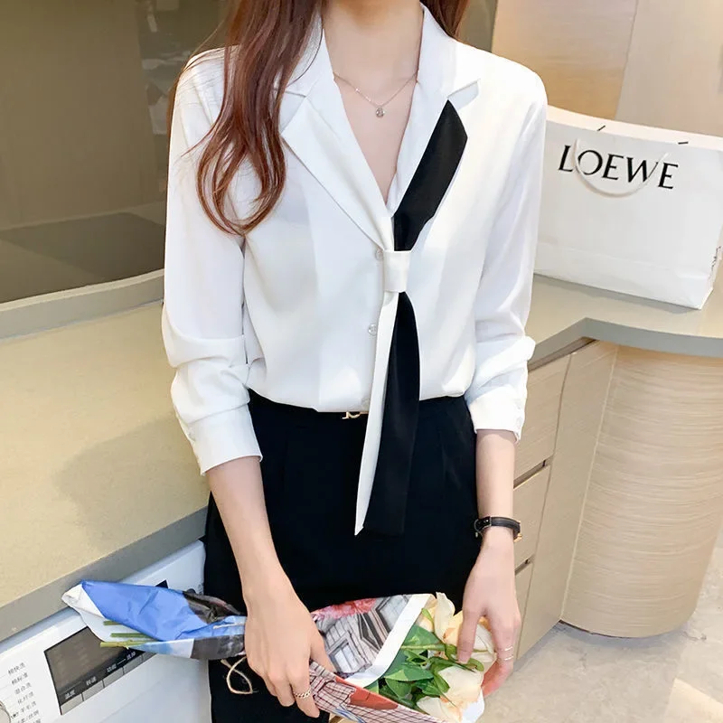 Women Spring Autumn Style Blouses Shirts Lady Casual Long Sleeve Notched Collar Bow Tie decor Blusas Tops WY1037