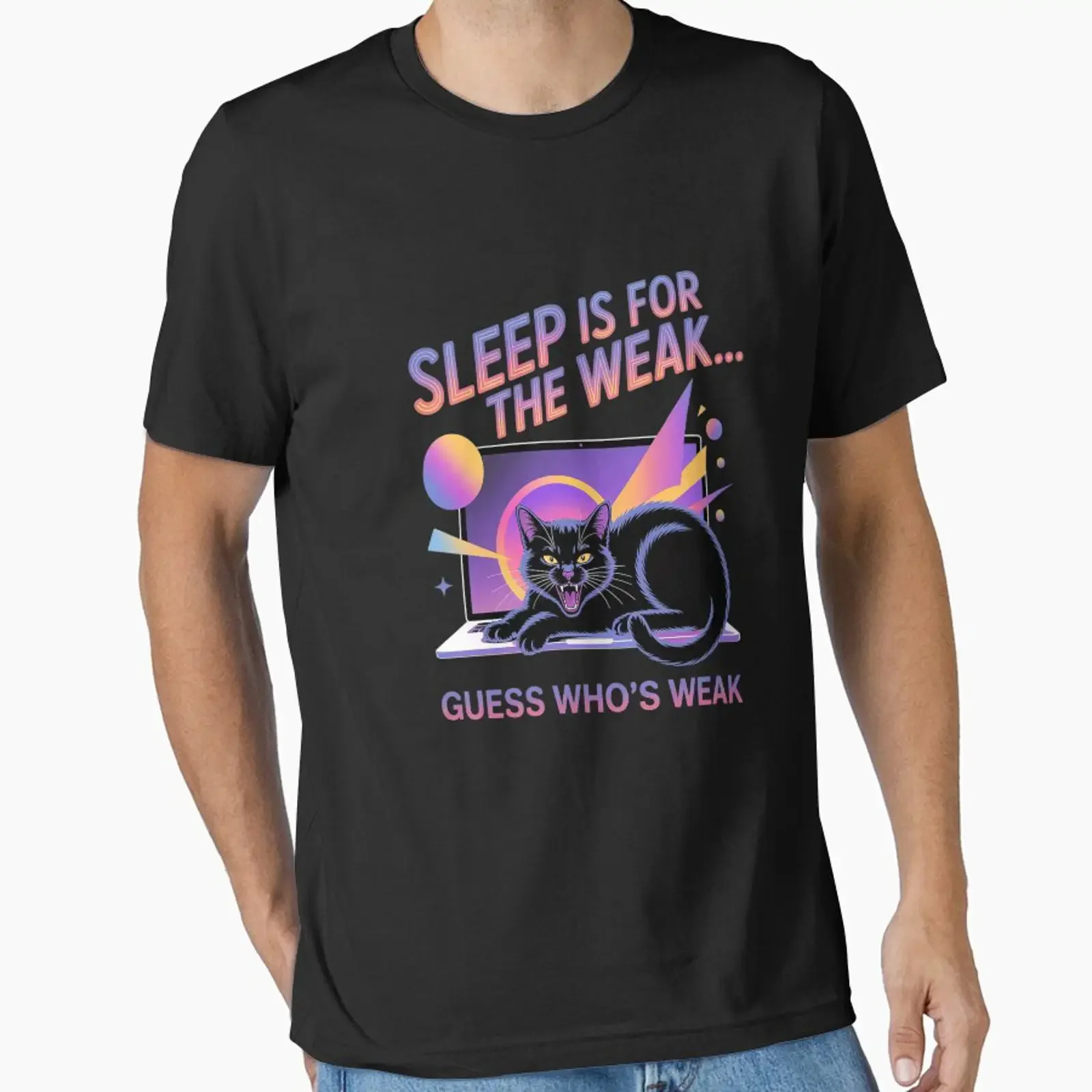 Sleep is for The Weak Cat Keyboard Yawn Essential T Shirt vintage Washed Versatile Slightly Stretched Top For Everyday Wear