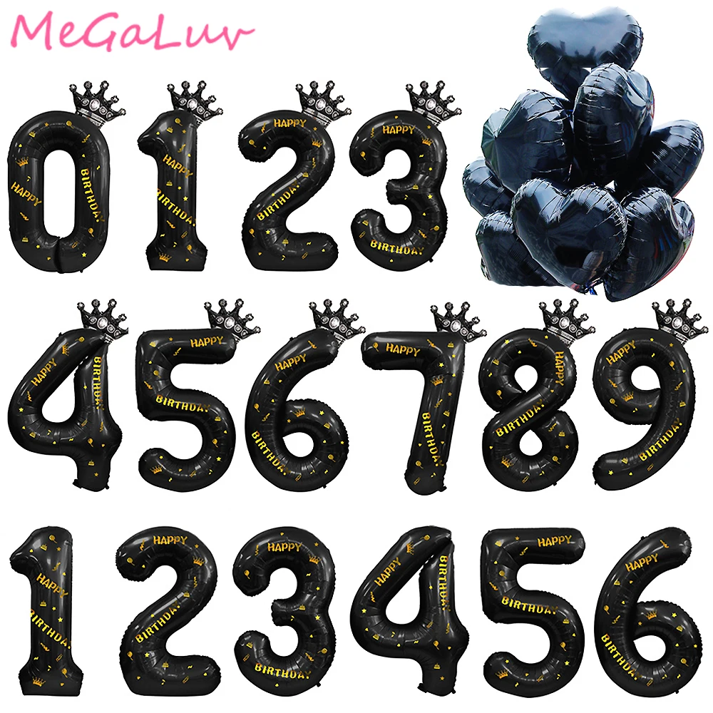 

40inch Large Black Number Balloons with Crown Foil Balloon Baby Shower Birthday Wedding Party Decoration Kids Toys Helium Globos