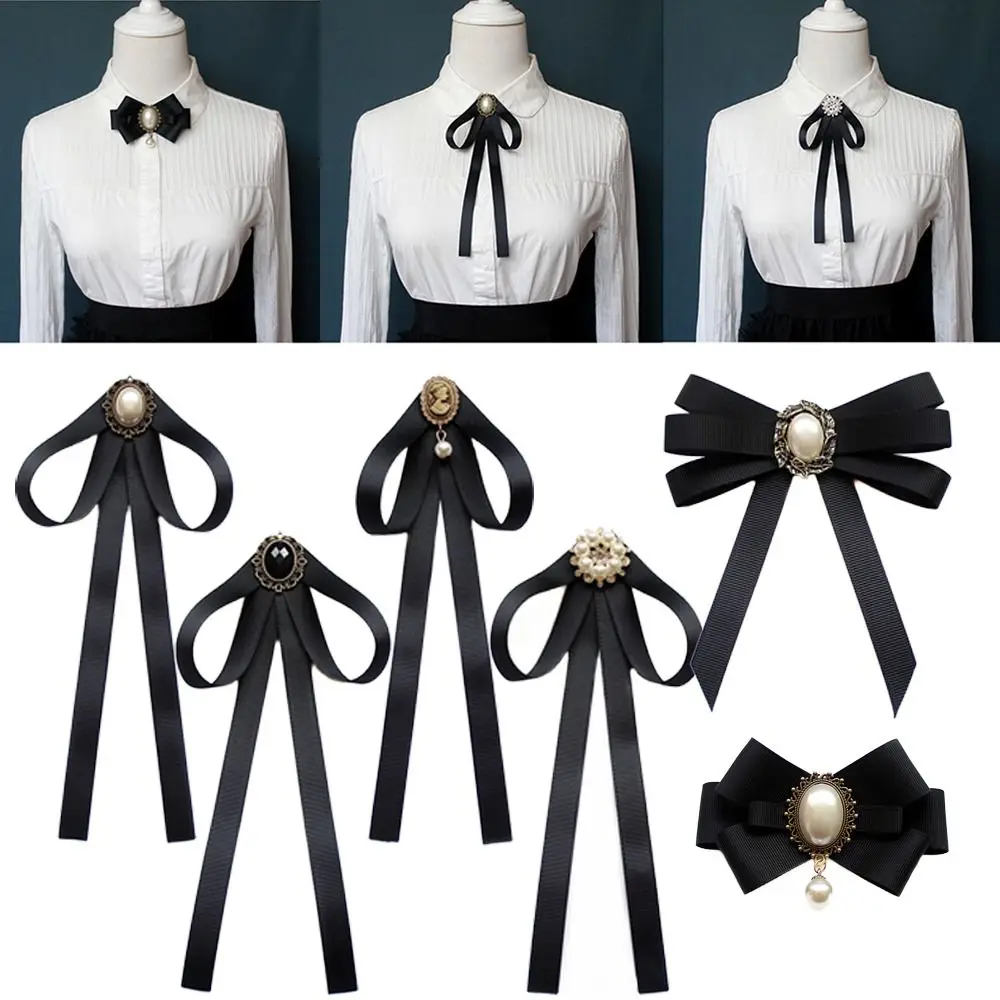 الأسود التذكاري الشريط الأسود Bowknot بروش البوليستر خمر كريستال الراين مجوهرات ربطة العنق الديكور دبوس النساء