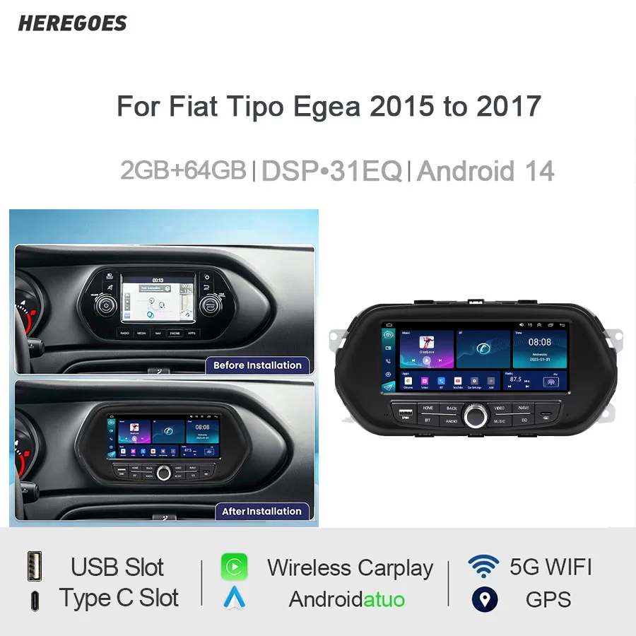 7“Android Car Radio For Fiat CJD-EGEA 2015 to 2017 With Buttons Wireless CarPlay Android Auto GPS Nav Bluetooth Steering Control