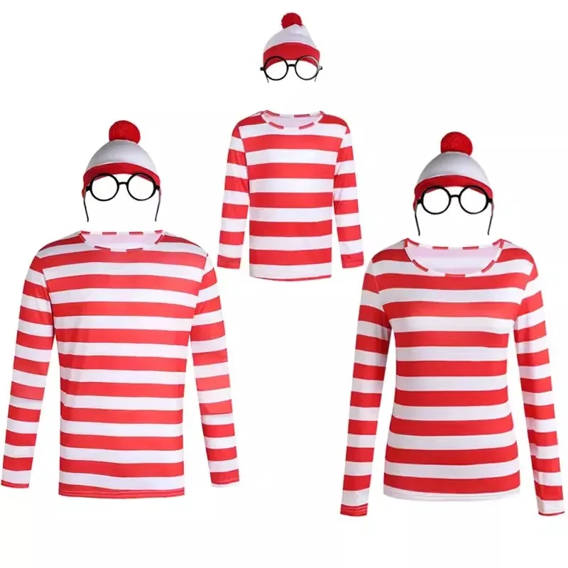 Wheres Waldo-Chemise rayée pour jeunes garçons, disfraz de Wally, lunettes et chapeau, chaussettes, cosplay de Halloween
