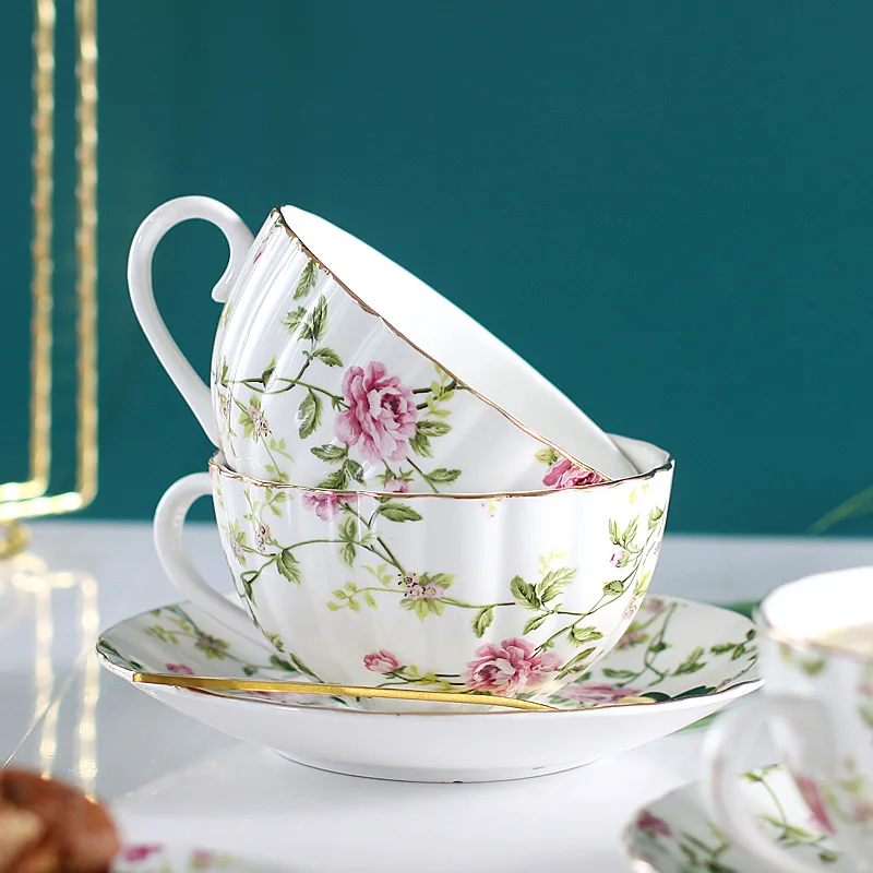 Elegant High-End Coffee Cup Saucer Set, Bone China, Flower Tea Set, British Afternoon Porcelain, Home Drinkware