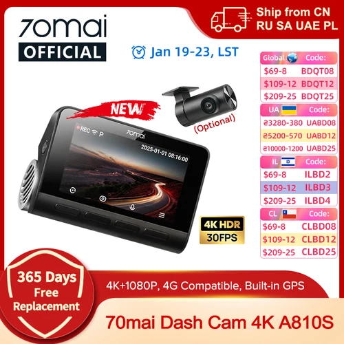 Nueva cámara de salpicadero 70mai A810S 4K HDR GPS ADAS grabación automática detección de movimiento de doble canal 4G LTE soporte coche DVR 70mai A810S 70mai A810