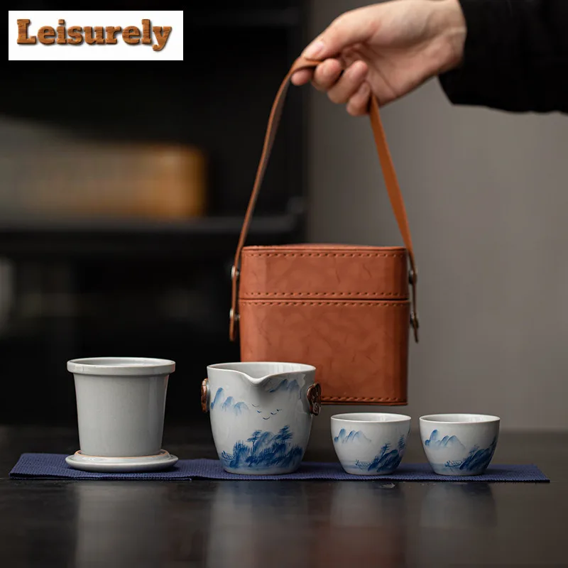 

Retro Hand-painted Persimmon Travel Tea Set Kit Vintage 1 Pot 2 Cups Tea Maker Organizer Portable Outdoor Tote Bag Decoration