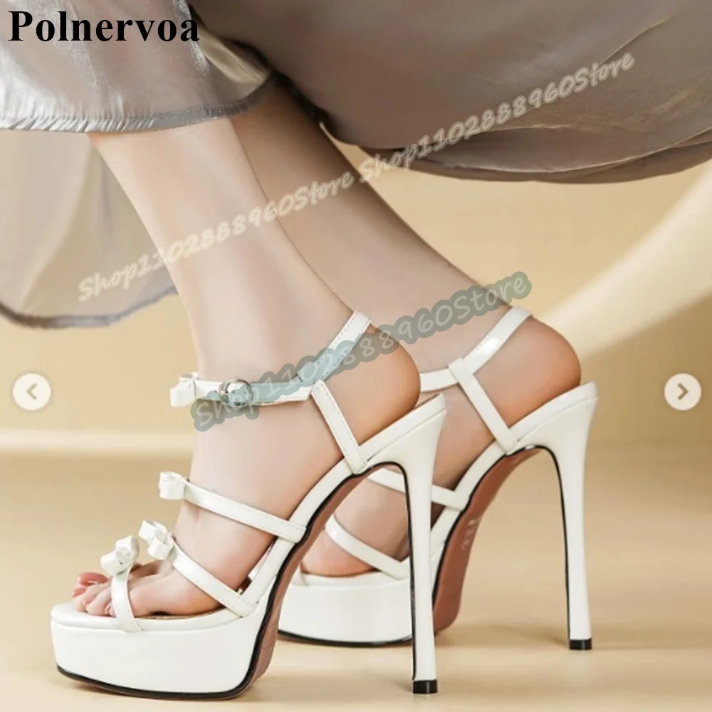 

White Narrow Bowknot Strip Platform Sandals Stilettos High Heel Shoes For Women Ankle Buckle Strap Open Toe Elegant Sandals