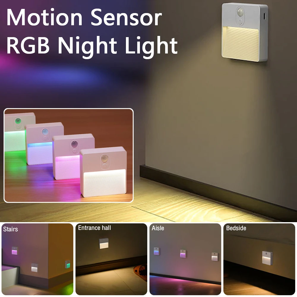 Motion Sensor LED Night Lights USB Rechargeable Square Night Lamp Indoor Decor Illumination for Bedroom Stair Corridors Lighting