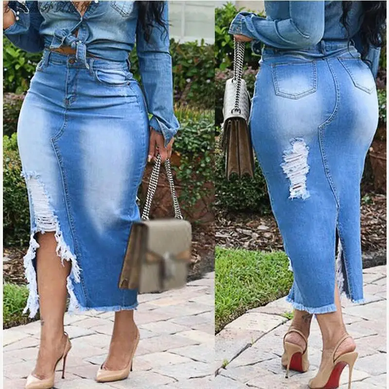 Ripped Denim Skirt Jean Dr Women's Mid-Wah Street Sle Semiformal Blue Cotton And Other Fabric Mixed Materials  Ski...
