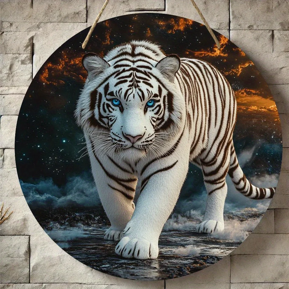 [Majestic Tiger Art] 8x8 Inch Majestic White Tiger Round Wall Art | Artificial Wood Cosmic Starry Night Design with Blue Eyes, W