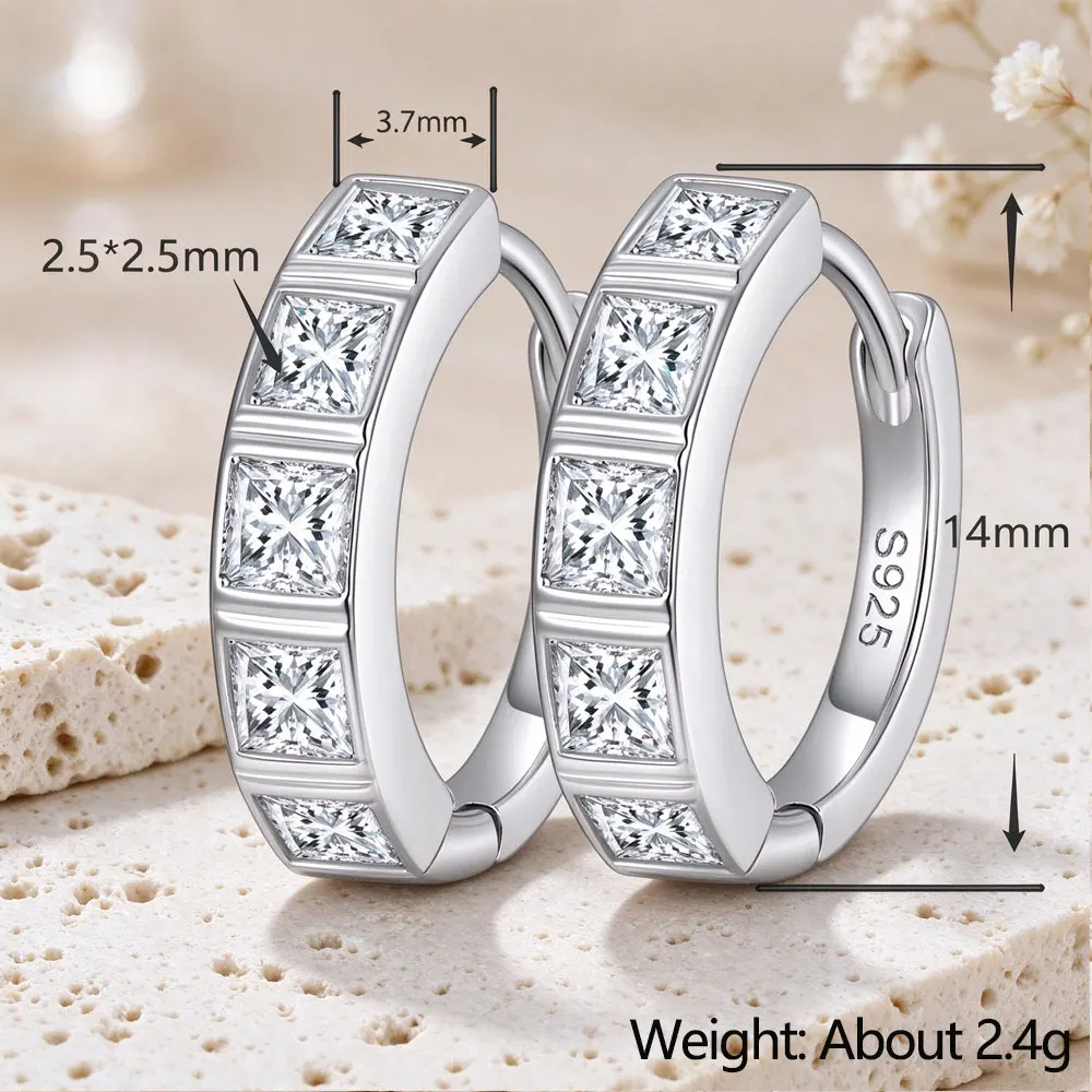 LinkerLove 2.5mm Moissanite Hoop Earrings for Women 925 Sterling Sliver Princess Cut Diamond Earrings Hypoallergenic Jewelry