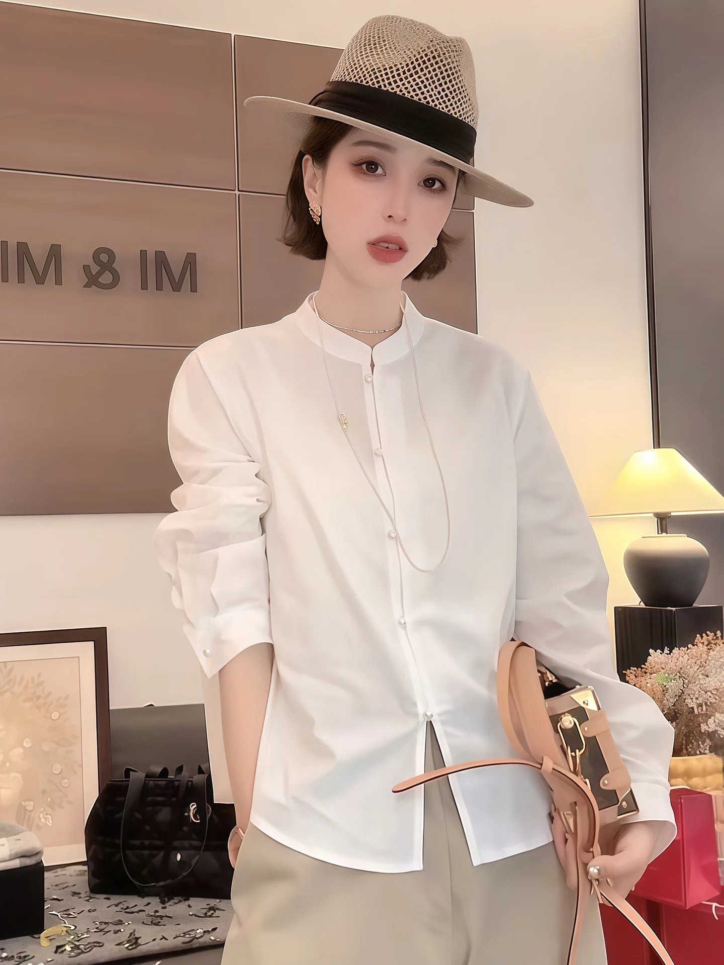

Fashionable Korean Style Women's Long Sleeve Shirt Casual Slim Fit Stand Collar Outerwear Spring 2026 White Shirt Top