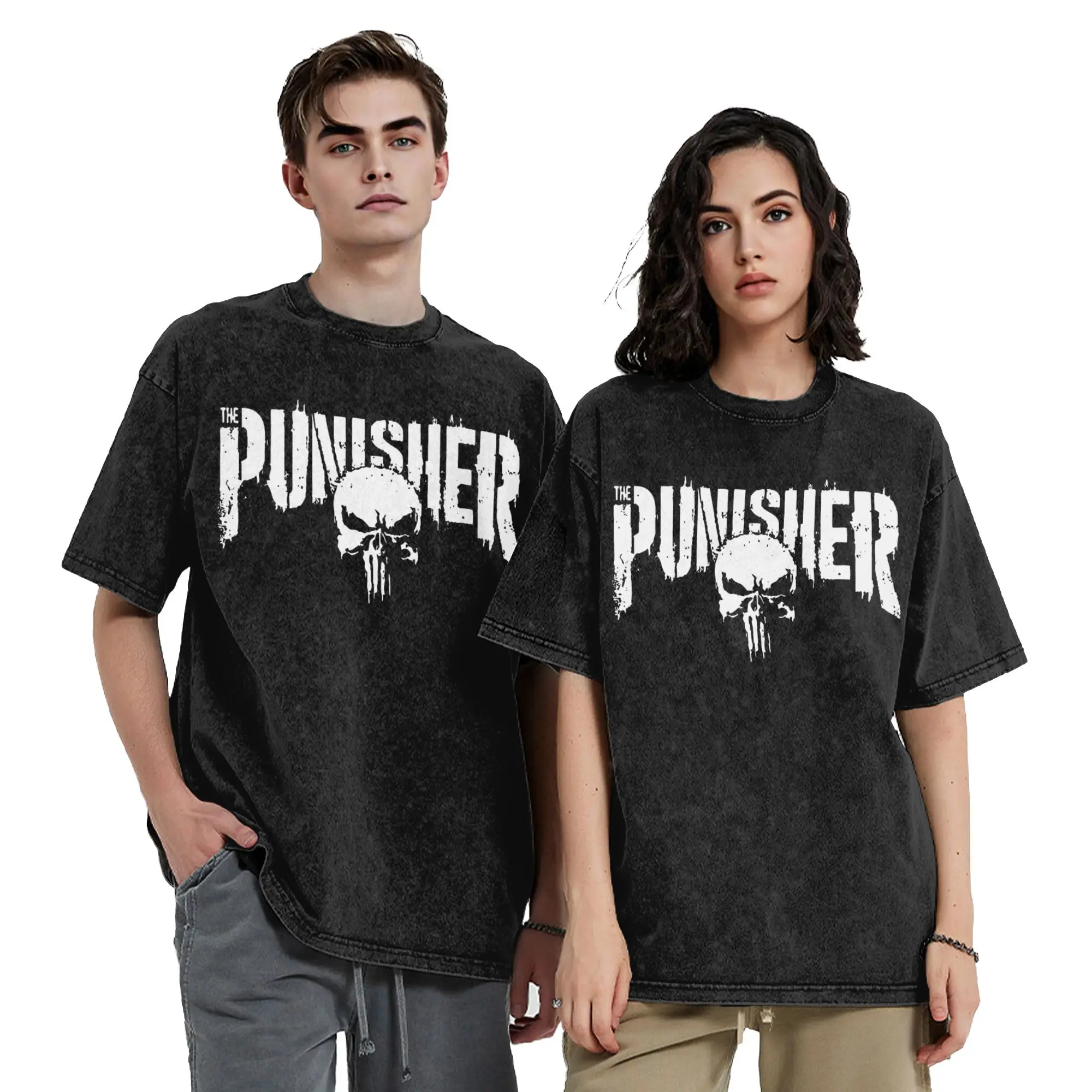 The Punisher  Skull tag grunge 2 Vintage Washed T-Shirt  100% Cotton Tees Round Neck Short Sleeve T Shirts