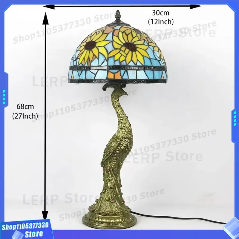LongHuiJing 12 Inch Peacock Stained Glass Lampshade Eco Friendly Adjustable LED Desk Light For Bedroom Living Room Reading