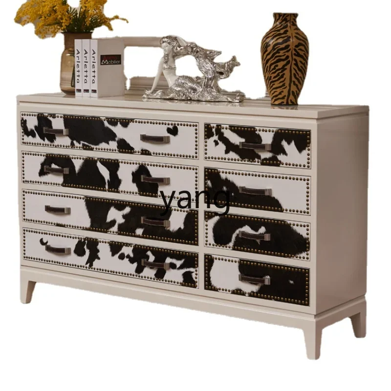 LMMModern Minimalist Creamy-white Vintage Painted Cow Hair Bedroom Multi-Drawer Storage Oak Storage TV Cabinet