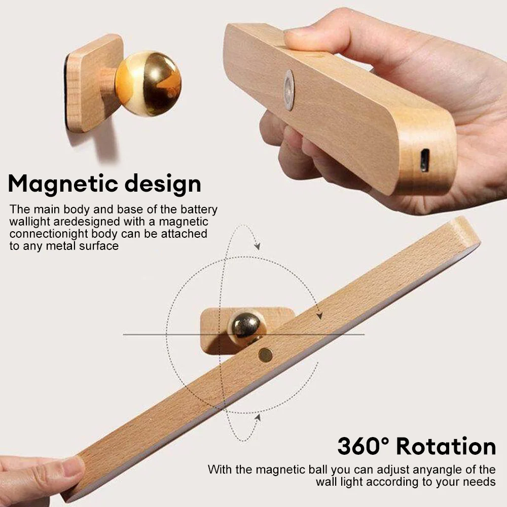 USB Магнитные зарядные деревянные зеркала передняя подсветка беспроводная светодиодная ночная лампа 360° спальня вращающаяся сенсорная настенная