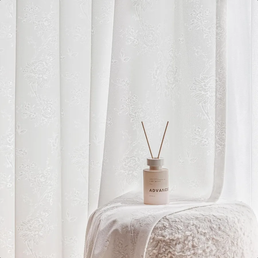 White Floral Jacquard Sheer Curtains 84 Inches Long 2 Panels for Living Room Bedroom Semi Lace Flower Privacy Light Filtering N