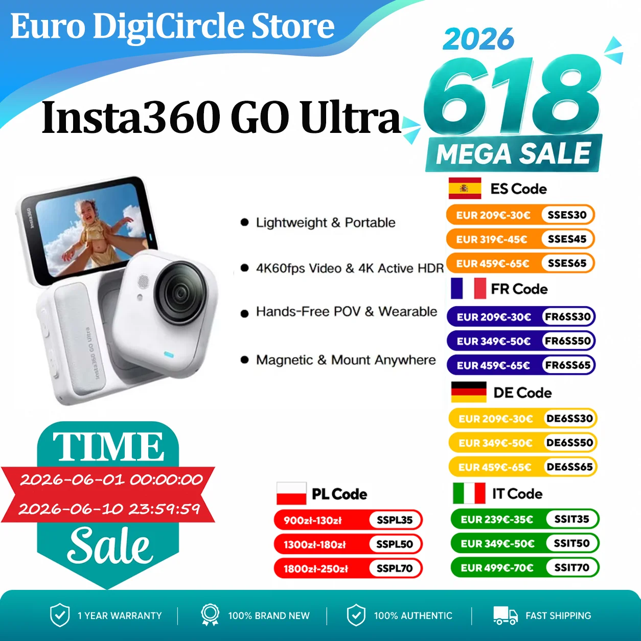 Insta360 GO Ultra - étanche 10 m | ultra-légère 53 g | légère, batterie 200 min | champ de visi | Mini caméra mains libres 4K 60 ips,