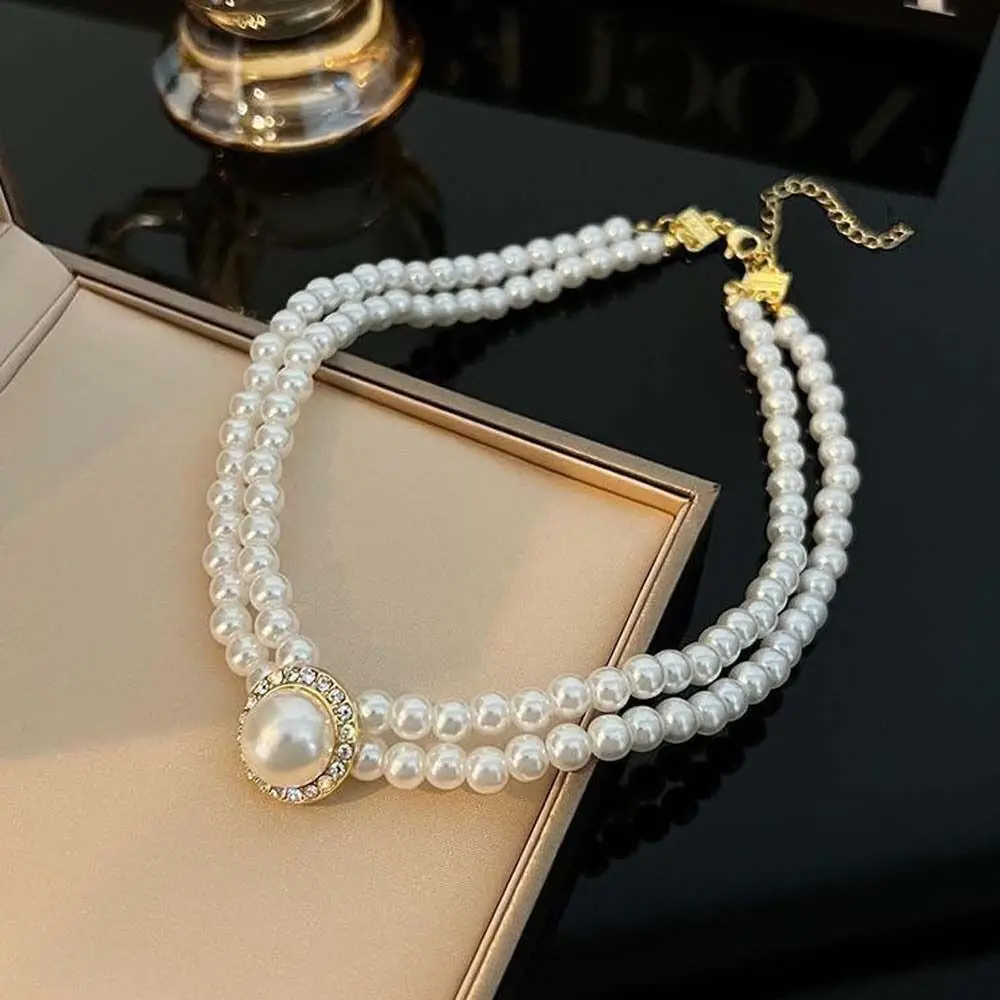 Fashion Gold White Color Pearl Necklace Beads Party Pearl Chain Luxury Portable Clavicle Beads Chain Pearl Necklace