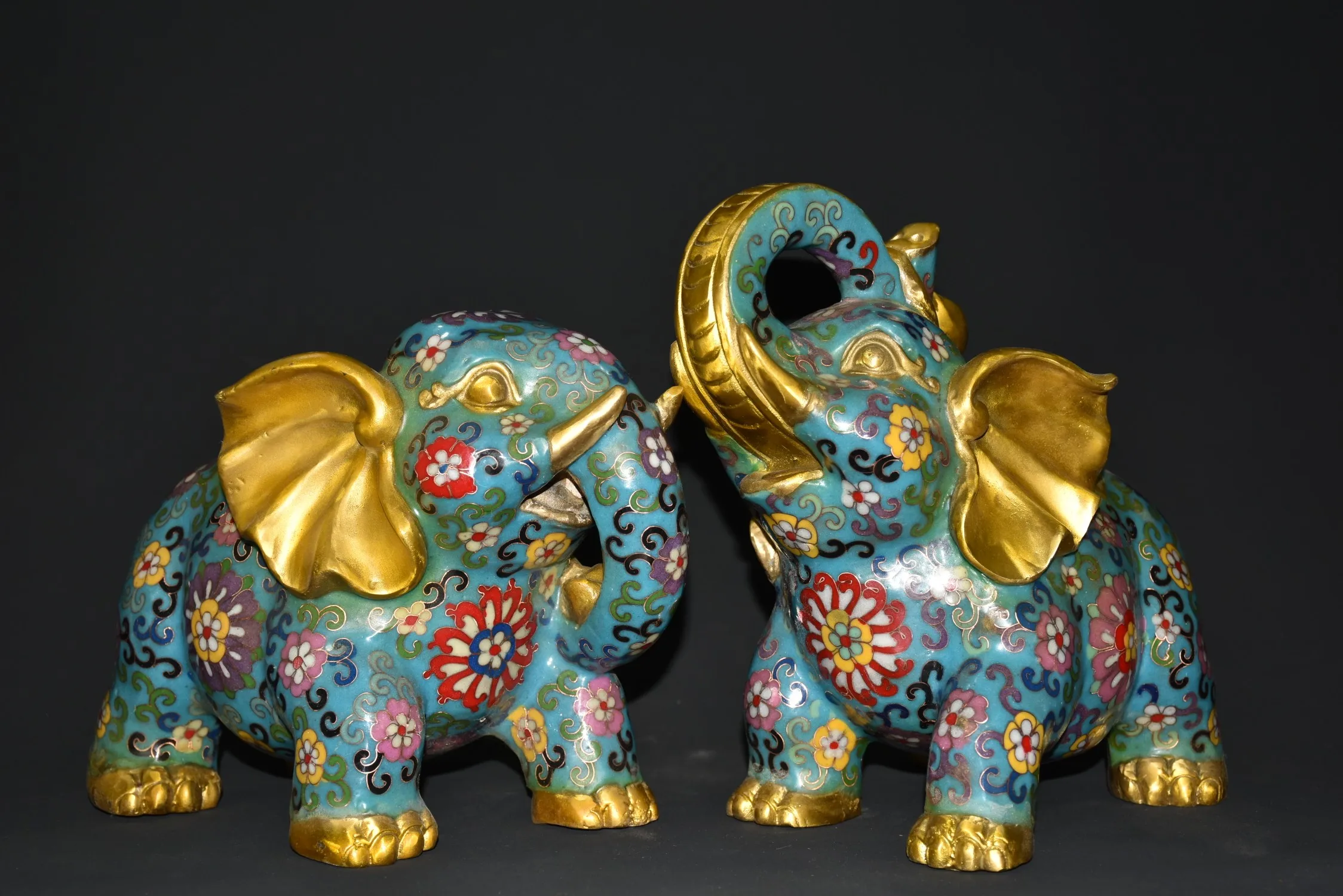 

10"Tibetan Temple Collection Old Bronze Cloisonne Gilt Elephant a pair Peaceful Elephant Gather fortune ornament Town house